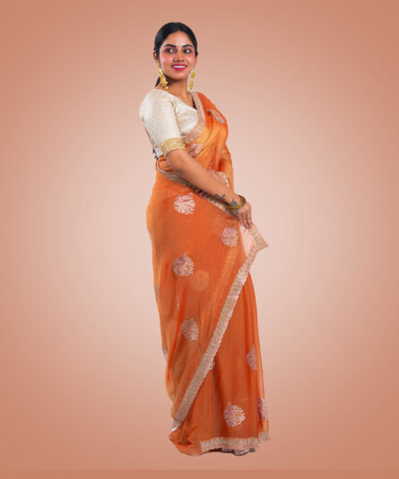 Kayaaz Women's Chiffon Peach Saree  With Unstitched Blouse Piece - Image 7