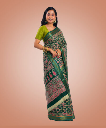 Kayaaz Women's  cKayaaz Women's  cotton Hunter green Saree  With Unstitched Blouse Piece - Image 7