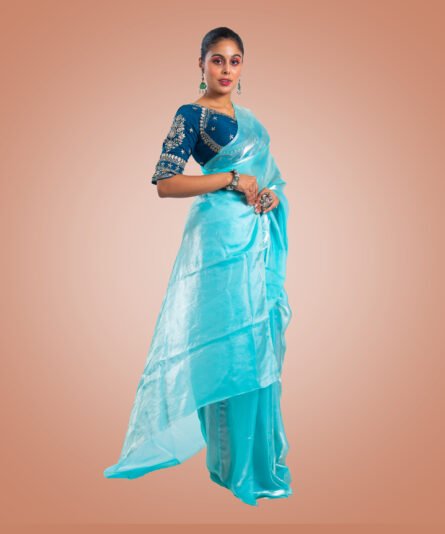 Kayaaz Women's Orgenza silk Aqua blue saree With Unstitched Blouse Piece - Image 7