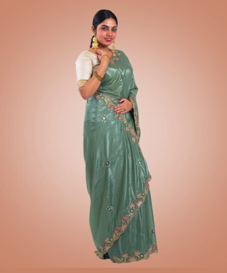 Kayaaz Women's  Georgette Pista Green Saree  With Unstitched Blouse Piece - Image 7