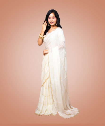 Kayaaz Women's Chiffon White Saree  With Unstitched Blouse Piece - Image 6