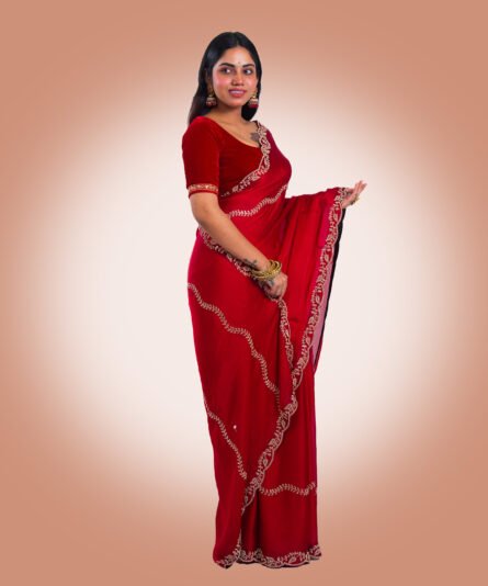 Tissue Saree in Rich Deep Red Tone - Image 8