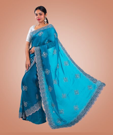Kayaaz Women's Satin Silk Peacock blue Saree  With Unstitched Blouse Piece - Image 7