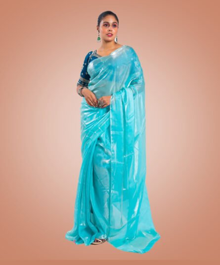 Kayaaz Women's Orgenza silk Aqua blue saree With Unstitched Blouse Piece - Image 8