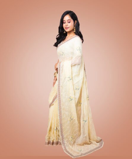 Kayaaz Women's Satin off white Saree  With Unstitched Blouse Piece - Image 2