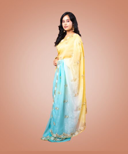 Kayaaz Women's  chiffon Dual Shade Yellow and Blue  Saree  With Unstitched Blouse Piece - Image 6