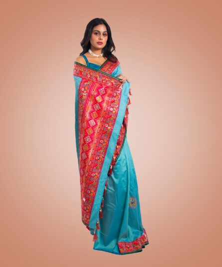 Kayaaz Women's Gujrati Sea Blue Saree  With Unstitched Blouse Piece - Image 8