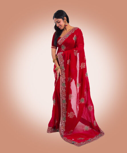 Kayaaz Women's Georgette dep red Saree  With Unstitched Blouse Piece - Image 8