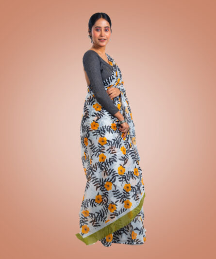 Kayaaz Women's  cotton floral print white Saree  With Unstitched Blouse Piece - Image 7