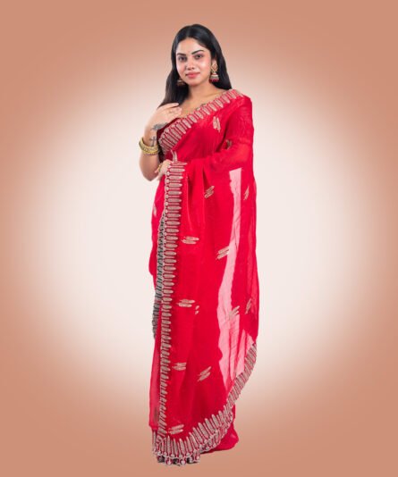 Classic Red Chiffon Saree with a Flowing Drape - Image 6
