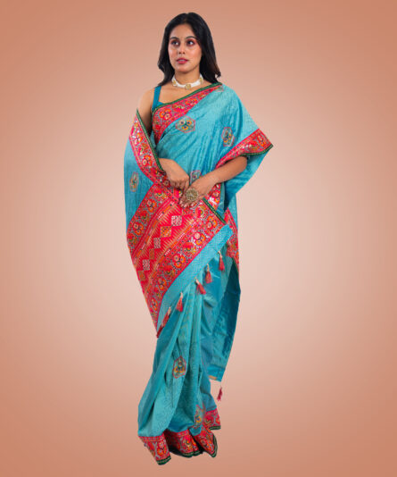 Kayaaz Women's Gujrati Sea Blue Saree  With Unstitched Blouse Piece - Image 7