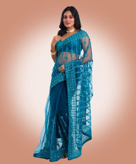 Soft Net Saree in Refreshing Aqua Blue Tone - Image 7