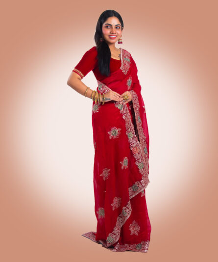 Kayaaz Women's Georgette dep red Saree  With Unstitched Blouse Piece - Image 7