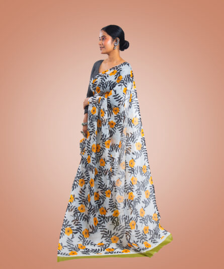 Kayaaz Women's  cotton floral print white Saree  With Unstitched Blouse Piece - Image 6