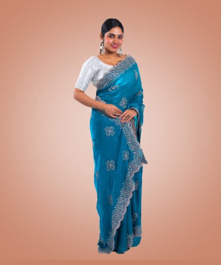 Kayaaz Women's Satin Silk Peacock blue Saree  With Unstitched Blouse Piece - Image 6
