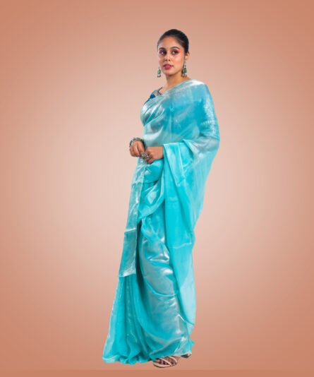 Kayaaz Women's Orgenza silk Aqua blue saree With Unstitched Blouse Piece - Image 6