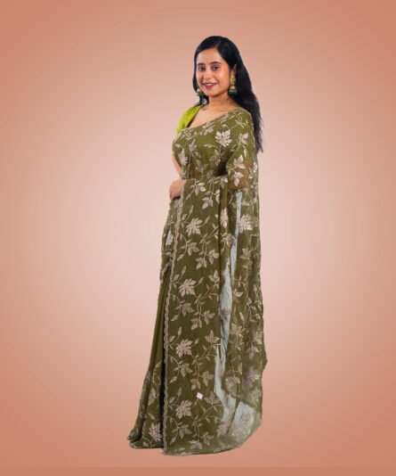 Kayaaz Women's Georgette Moss Green  Saree  With Unstitched Blouse Piece - Image 6