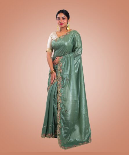 Kayaaz Women's  Georgette Pista Green Saree  With Unstitched Blouse Piece - Image 6