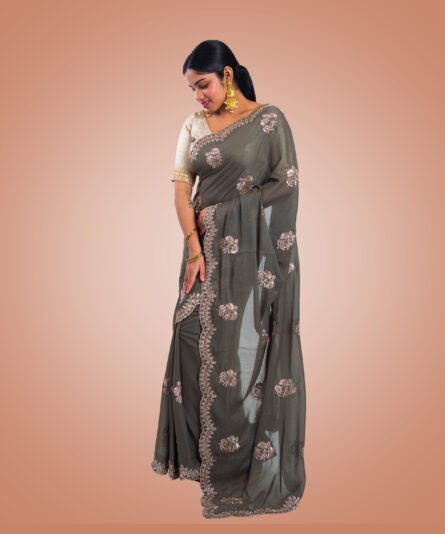 Kayaaz Women's Chiffon olive Saree  With Unstitched Blouse Piece - Image 6