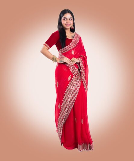Classic Red Chiffon Saree with a Flowing Drape - Image 7