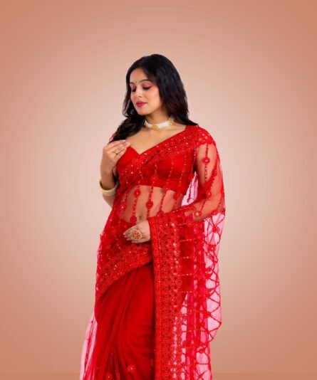 Soft Net Saree in Refreshing Red Tone - Image 3