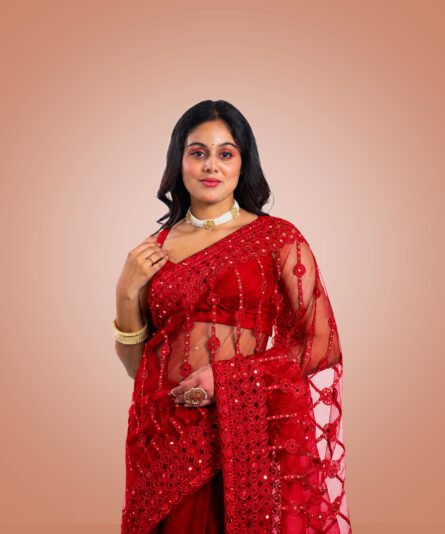 Soft Net Saree in Refreshing Red Tone - Image 4