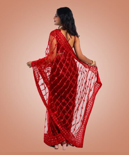Soft Net Saree in Refreshing Red Tone - Image 5