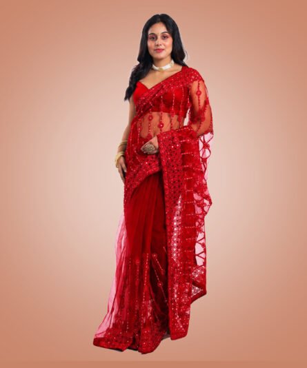 Soft Net Saree in Refreshing Red Tone - Image 6